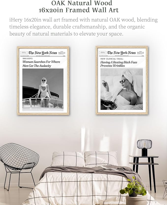 iHery Woman Searches For Where Men Get The Audacity Poster Newspaper Framed Wall Art, Natural OAK Wood Trendy Large 16x20 in Canvas Wall Art Décor For Bedroom Living Room Bathroom Set of 1