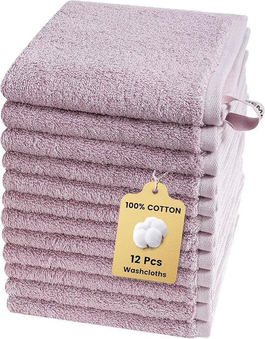 SEMAXE 100% Cotton Washcloths 12-Pack, 13 × 13 Inch Soft Luxury Face Towels – Super Absorbent & Quick-Dry, Premium Cloth with Hanging Loop, Oeko-TEX Certified, Gift-Ready Box, Purple