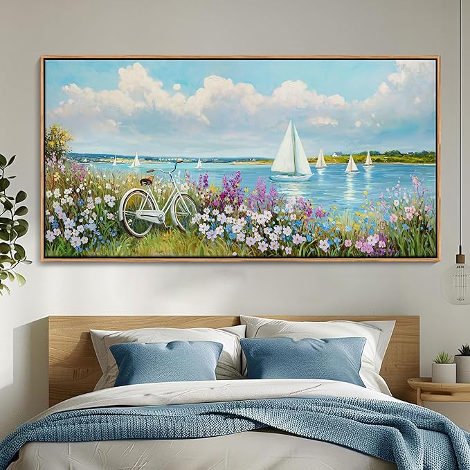 Coastal Wall Art Sailboat Beach Canvas Wall Decor Flower & Landscape Paintings Farmhouse Decor Blue Artwork for Living Room Bedroom Home Office Large Framed Ocean Pictures Wall Decor 29×58IN
