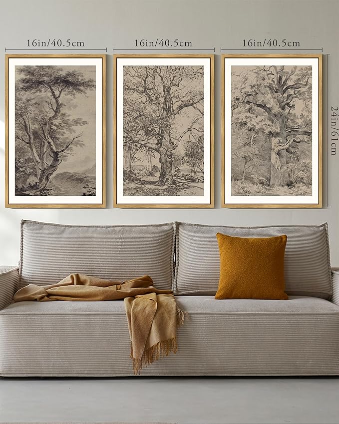 KUVIOKE Boho Vintage Tree Wall Art Framed Neutral Retro Forest Art Prints Antique Rustic Nature Wilderness Paintings Bedroom Hallway Decor 16x24in (Natural Framed)