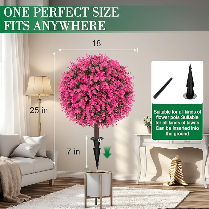 Set of 2 Artificial Pink Boxwood Topiary Ball Bush for Outdoor with Ground Spike 22", UV Resistant Faux Greenery Shrubs, Fake Pink&Green Boxwood Plants for Garden, Yard, Porch, Patio Decor