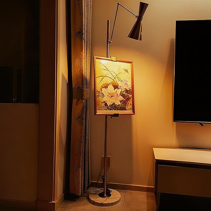 Metal Floor Lamp with Easel, Adjustable 360° Swing-Arm Standing Lamps, 67in Tall Lamp with Marble Base for Living Room, Painting Rooms, Bedroom, Offices, Courtyards, Gold