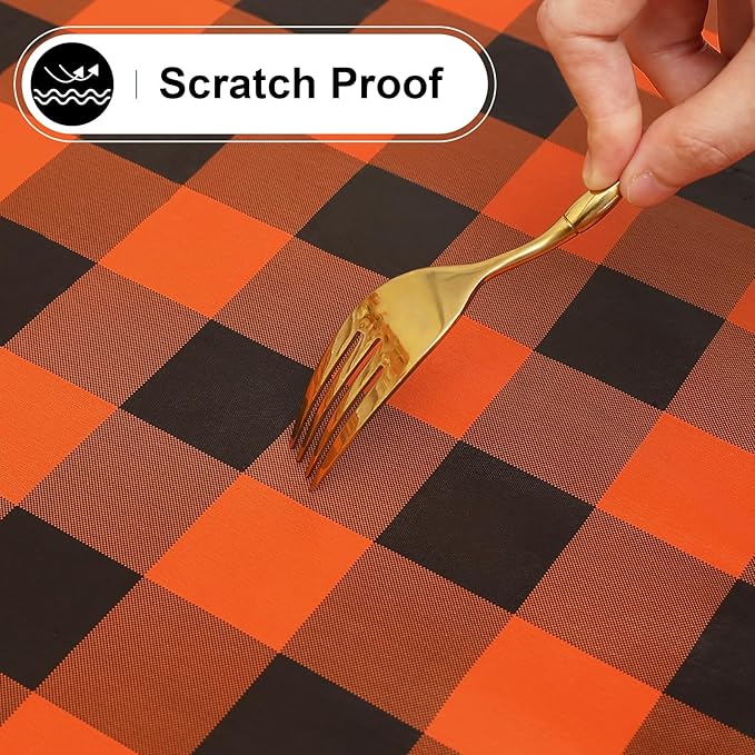 misaya Rectangle Waterproof Vinyl Table Cloth, Buffalo Flannel Backed Tablecloth, Wipeable Plastic Table Cover for Fall, Halloween (60" x 102", Orange and Black)