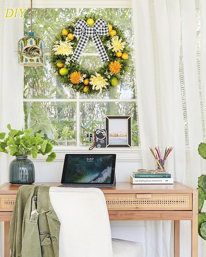 Vlorart 20-Inch Boxwood Wreath, Artificial Boxwood Wreath Front Door Wreaths Artificial Spring Summer Greenery Hanging with A Plaid Bowand Sash for Front Door Wall Hanging