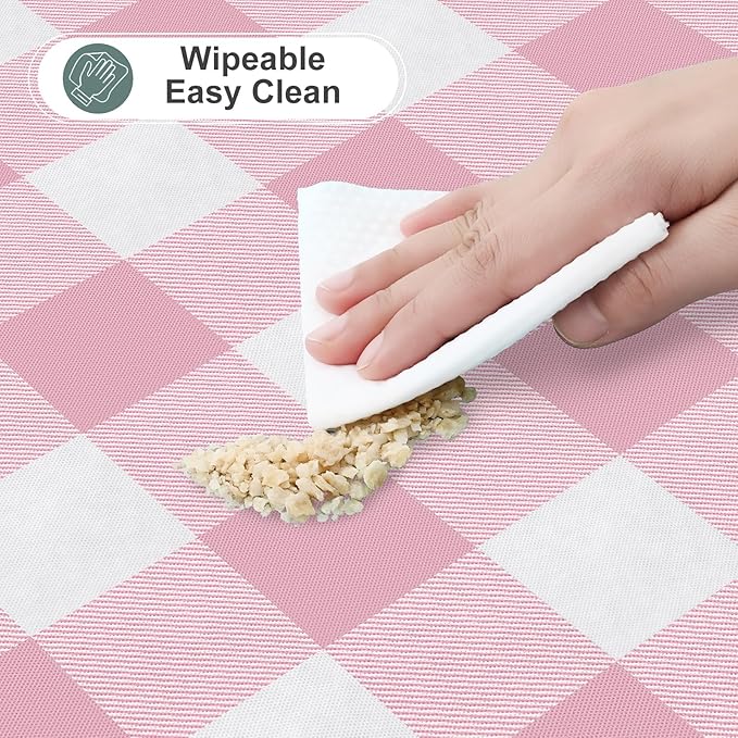 misaya Rectangle Waterproof Vinyl Table Cloth, Buffalo Flannel Backed Tablecloth, Wipeable Plastic Table Cover for Dinner, Kitchen, Outdoor (52" x 70", Pink and White)