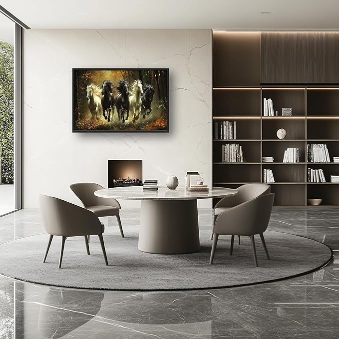 Olivine Horse Wall Art, Running Horses Pictures Wall Decor, Black And White Horse Paintings, Forest Landscape Canvas Prints, Framed Artwork for Bathroom Bedroom Living Room Office Home 36"x24"