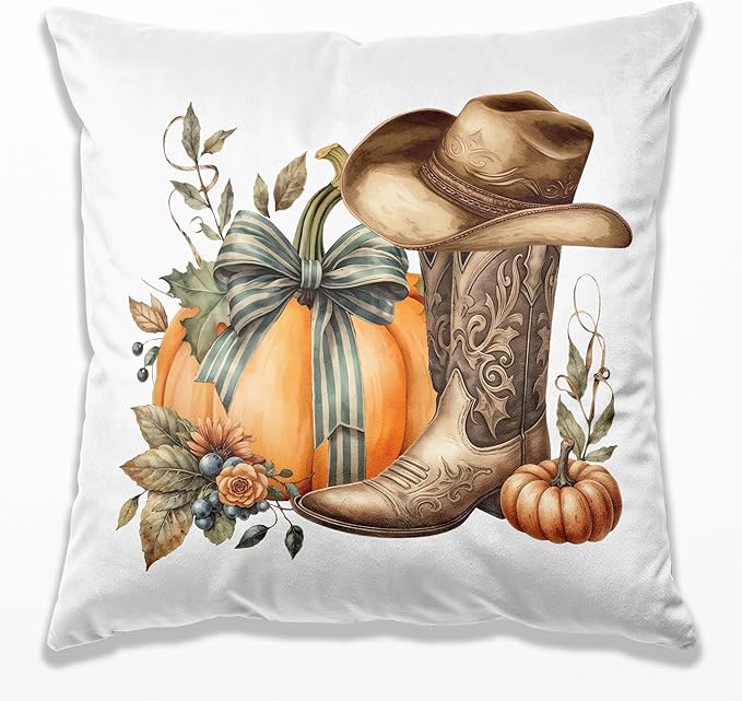 Boho Fall Western Pillow Covers 18x18, Western Fall Decor, Coquette Bow Autumn Pumpkin Country Cowgirl Boot Hat Decorative Throw Pillow Covers for Girls Room Home Bedroom Living Room