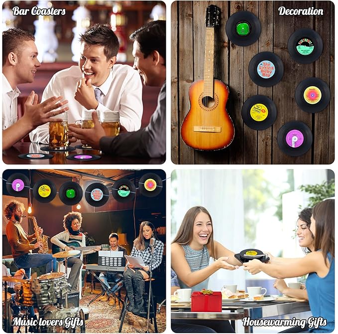 Valdivia Vinyl Record Coasters for Drinks with Records Player, Retro Album Coasters Set of 6, Funny New Home Decor for Housewarming Gifts, Music Lovers Presents, Cool Apartments Decoration Gifts Ideas