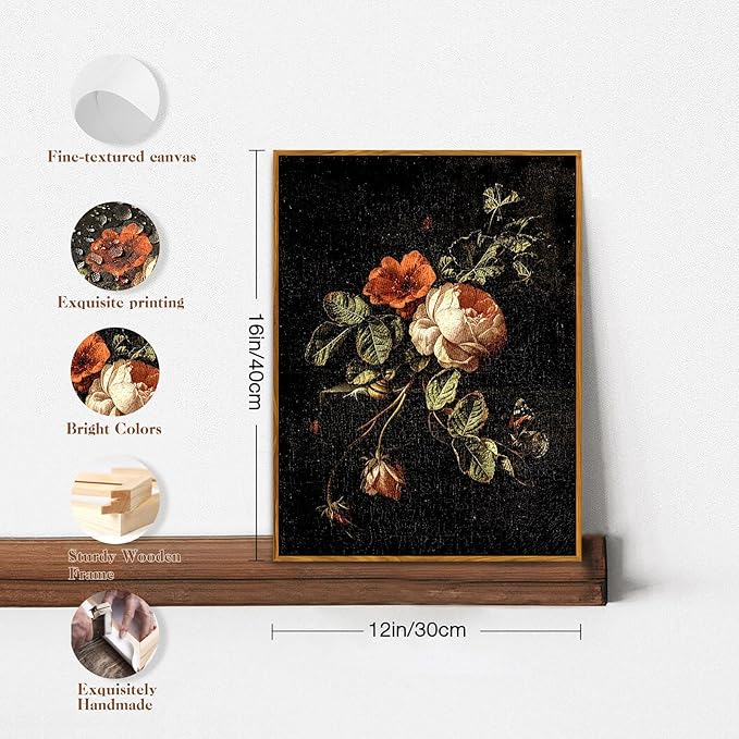 crmotu Vintage Framed Wall Art, Botanical Floral Canvas Art Prints, Still Life Rose Rustic Farmhouse Decor, Antique Flower Black Wall Pictures for Living Room Bedroom Bathroom Office Artwork 12x16in