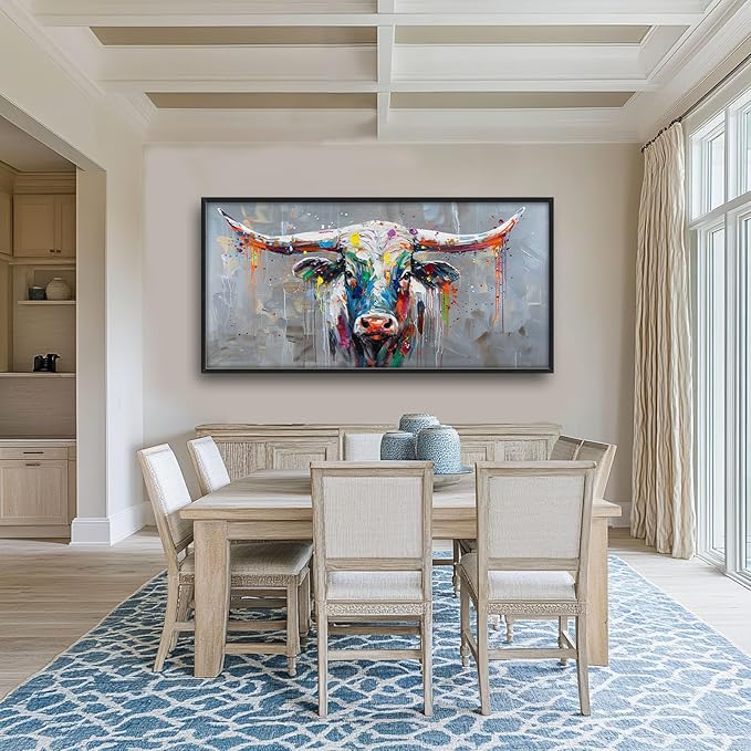 Cow Large Framed Wall Art Abstract Colorful Cow Pictures Graffiti Oversized Wall Decor Canvas Print Painting Aesthetic Modern Artwork for Living Room Bedroom Office Bathroom Home Decor 60L x30W