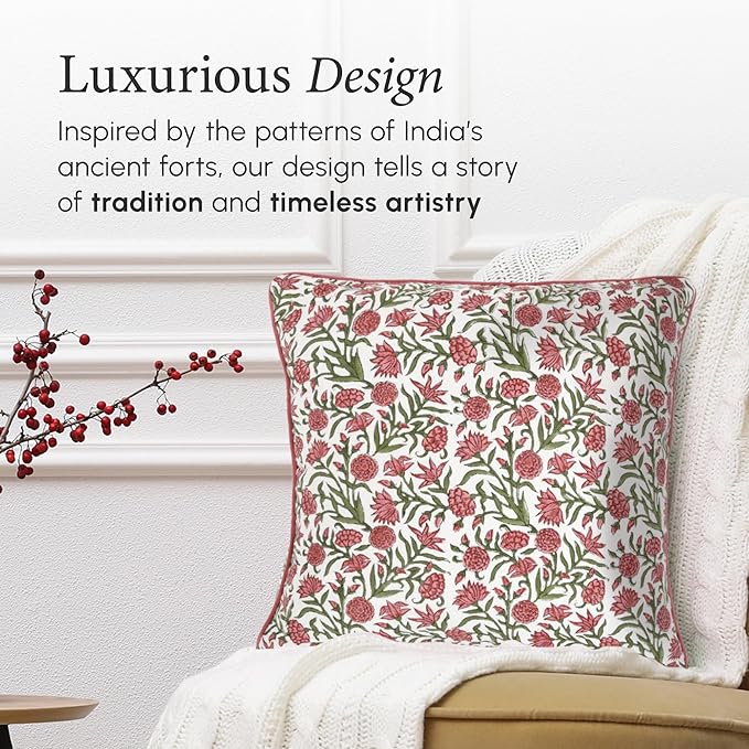 CPC 100% Cotton Throw Pillow Covers 24x24 Inch, Set of 2 Red Block Print Pattern Couch Pillow, Cute Boho Decorative Pillows for Living Room, Bedroom with Hidden Zipper- Red Garnet