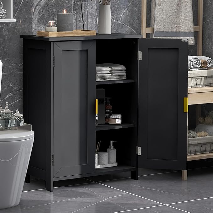 TaoHFE Black Freestanding Bathroom Cabinet with 2 Doors - Towel & Small Storage for Bathroom, Restroom, Office, Restaurant, Living Room
