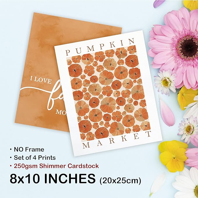 TLESKE Orange Fall Pumpkins Market Posters Prints Unframed Set of 4, Autumn Aesthetic Wall Art Prints for Dorm Bedroom Living Room, I Love Fall Most of All Pictures Wall Decor, 8x10