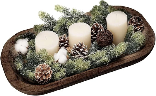 Wooden Dough Bowl Decor, Key Decorative Centerpiece Bowl, Hand Carved Baguette Bowl, Home Decor for Dining Table Center, Living Room, Kitchen (L14.6*W10.2*H0.8 inches) Squircle-Brown