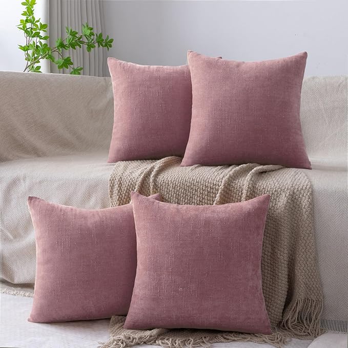 Set of 4 Soft Textured Decorative Throw Pillow Covers 16x16 Inch Cozy Farmhouse Cushion Cover Square Accent Pillow Cases for Bed Couch Sofa Living Room, Plum Pink