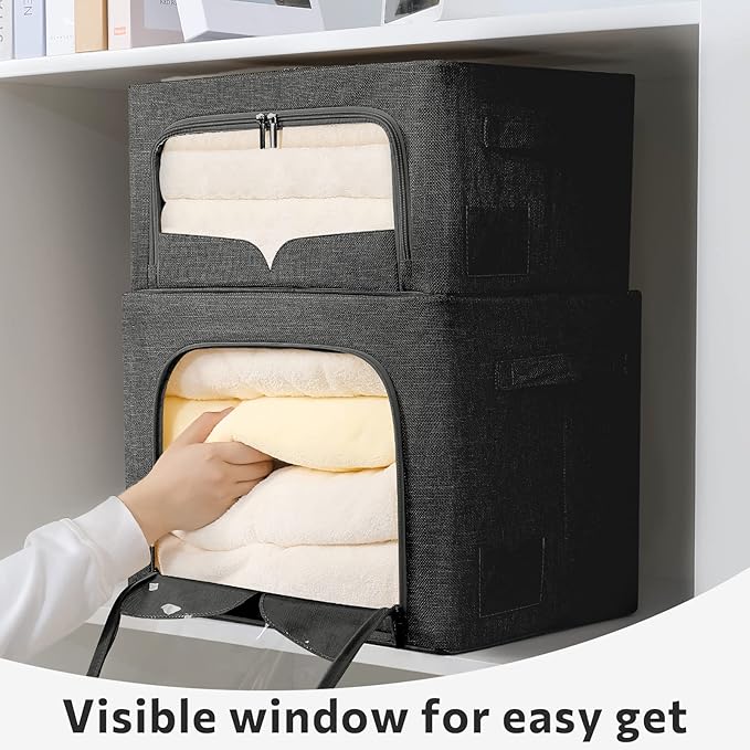 3 Pack Clothes Storage Bins Foldable Metal Frame Storage Box Stackable Linen Fabric Organizer Set with Carrying Handles and Clear Window (Black, 15.7x11.8x7.8inch(22L))