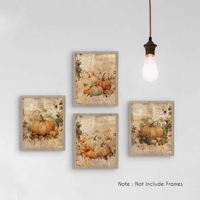 HRQKO Vintage Fall Wall Art Poster Prints Set of 4, Fall Wall Decor, Farmhouse Pumpkin Decor Artwork Prints Posters Wall Decor, Fall Pumpkin Decorations for Home Bedroom Kitchen 8”x10” Unframed