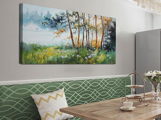 Ardemy Tree Wall Art Canvas for Living Room Landscape Textured Green Forest Painting Nature Flower Picture Bedroom Teal Scenery Artwork Framed Kitchen Home Office Wall Decor, Extra Large 58"x29"