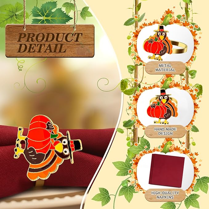 KPOSIYA 12 pcs Thanksgiving Napkin Rings with 12 Napkins, Vintage Alloy Turkey Napkin Ring Holders for Holiday Dinner Parties, Fall,Weddings, Family Gatherings