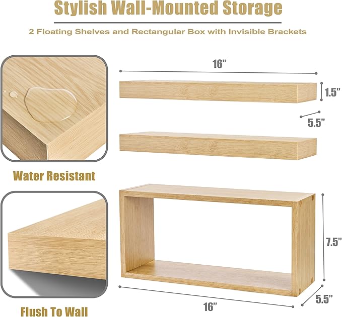 Sorbus Floating Shelves for Wall Set of 3 - Bathroom Shelves for Wall Storage, Over Toilet, Bedroom, Farmhouse, Decor - 2 Floating Shelves with Invisible Brackets & 1 Rectangular Box