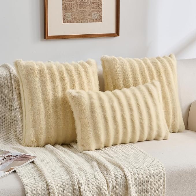 FUTEI Beige Decorative Throw Pillow Covers 26x26 Inch Set of 2,Soft Fluffy Faux Mink Fur Dyeing Striped Textured Euro Pillow Shams,Modern Home Decor for Couch Bed Living Room