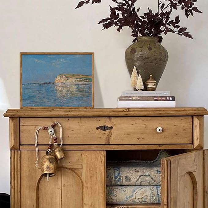 Framed Monet Coastal Wall Art Decor – Impressionist Beach Oil Painting Canvas Prints – Vintage Beachy Landscape Classic Aesthetic Wall Decor for Living Room Bedroom Bathroom – 10"x8"