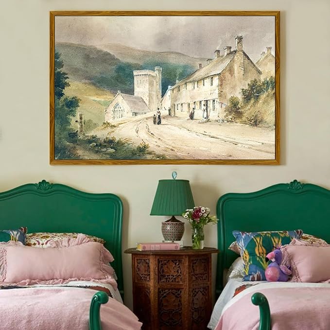crmotu Large Framed Wall Art, Rural Street Landscape Art Prints, Vintage Architecture Scenery Canvas Painting, Retro Farmhouse Cottage Pictures Wall Decor Living Room Bedroom Office Artwork 24x36in
