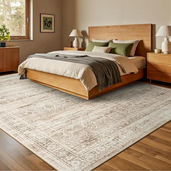 Lofus 9x12 Area Rug for Living Room,Beige Washable Large Rugs with Non-Slip Backing,Soft Neutral Carpets for Bedroom Dining Room Home Office Indoor Nursery