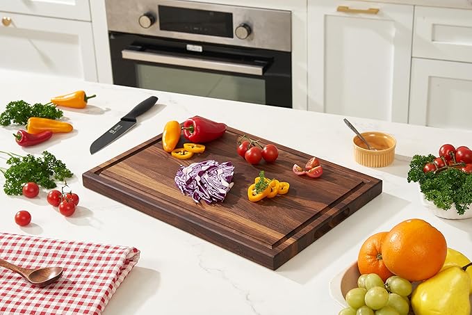 American Dark Walnut Wood Cutting Board 17x12 x1in for Kitchen with Juice Groove, Inner Handles, Gift Box, Thick Wooden Cutting Board Finished with Linseed Oil, Beeswax, Carnauba Wax, Lemon Oil