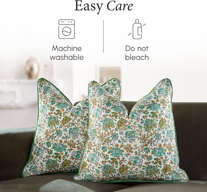 CPC 100% Cotton Throw Pillow Covers 20x20 Inch, Set of 2 Blue Block Print Pattern Couch Pillow, Cute Boho Decorative Pillows for Living Room, Bedroom with Hidden Zipper- Blue Topaz