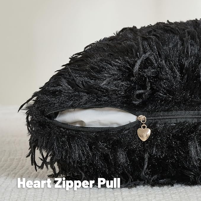FUTEI Black Decorative Throw Pillow Covers 12x20 Inch Set of 2,Soft Fluffy Faux Feather Texture Lumbar Pillow Cases,Modern Home Luxury Decor for Couch Bed Living Room