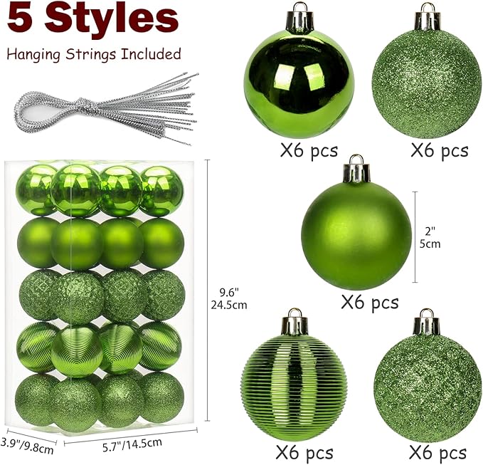 30PCS 2" Christmas Ball Ornaments Shatterproof Green Christmas Tree Decorations Xmas Tree Balls Halloween Ornaments Décor