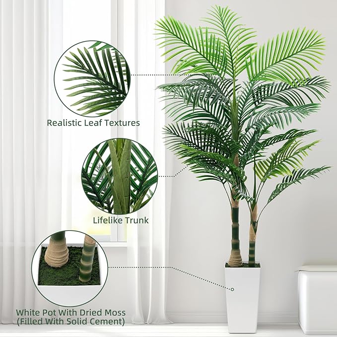 6ft Artificial Golden Cane Palm Tree with LED Fairy Lights & White Tall Planter - Lifelike Faux Tropical Palm Plant with Realistic Trunk and Palm Leaves for Home Office Living Room Corner Decor