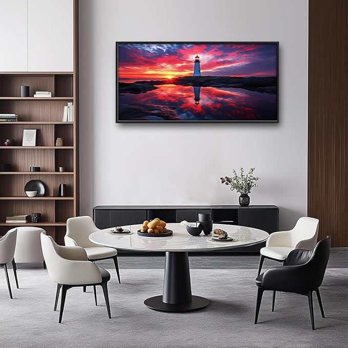 Olivine Lighthouse Wall Art, Nautical Coastal Pictures Wall Decor, Beach Sunset Paintings, Ocean Canvas Prints, Framed Artwork for Bathroom Bedroom Living Room Office Home Decoration 60"x30"