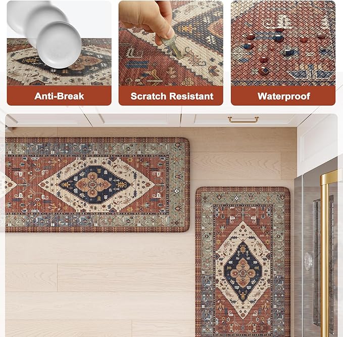 KIMODE Kitchen Runner Rug,17.3" x 59" Anti Fatigue Kitchen Mats for Floor Cushioned,Non-Slip Waterproof Comfort Thick Kitchen Floor Standing Mat for Front Sink,Laundry Room,Vintage Red