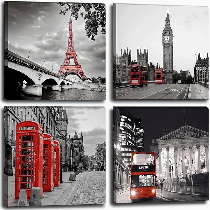 Black and White City Landscape Wall Art for Bedroom Red Street Scenery Canvas Decor for Bathroom Paris Eiffel Tower Pictures Prints London Big Ben Artwork for Living Room Office 16"x16"