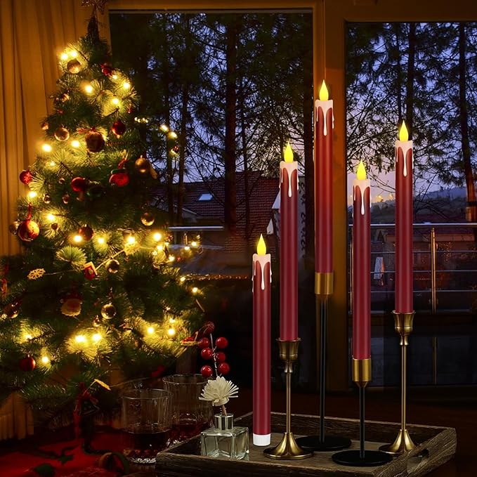 Flameless Taper Candles 10.6" Dripless Battery Operated Taper Candles Included Remote Timer 400+ Hours by 2AA Batteries for Halloween Christmas Wedding (Burgundy+White, 24 Pack)