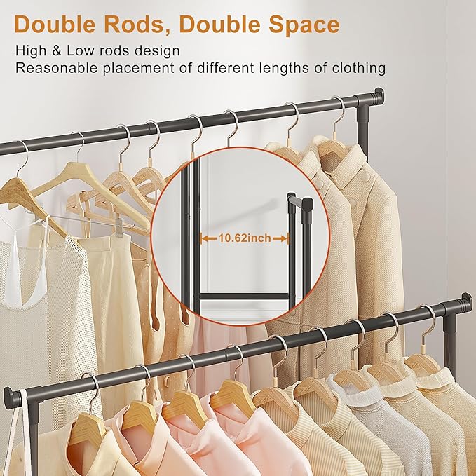 Calmootey Double Rods Clothes Garment Rack, Rolling Clothing Rack for Hanging Clothes, Coat Storage, Organizer for Bedroom, Livingroom, Apartments, Black