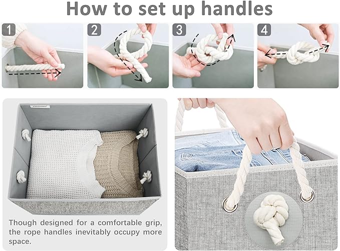 StorageWorks Storage Bins with Lids, Decorative Storage Boxes with Lid and Soft Rope Handles, Foldable Storage Baskets for Closet, Shelves, Stackable, 3-Pack, Gray, Jumbo