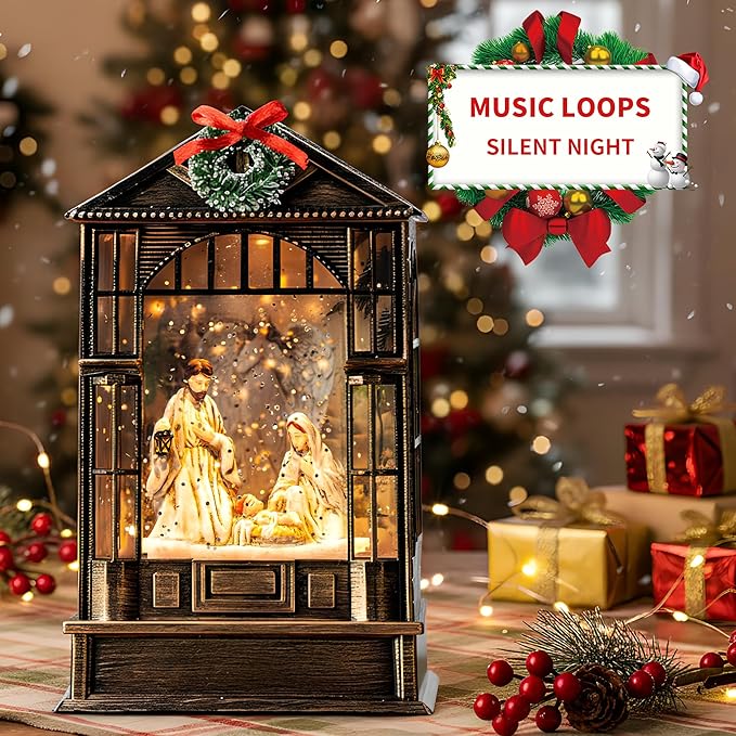 Christmas Snow Globe, Lighted Angel Guarding Nativity Scene, Musical Snow Water Lantern Swirling Glittering Holiday Decoration and Gift for Family Children or Friends