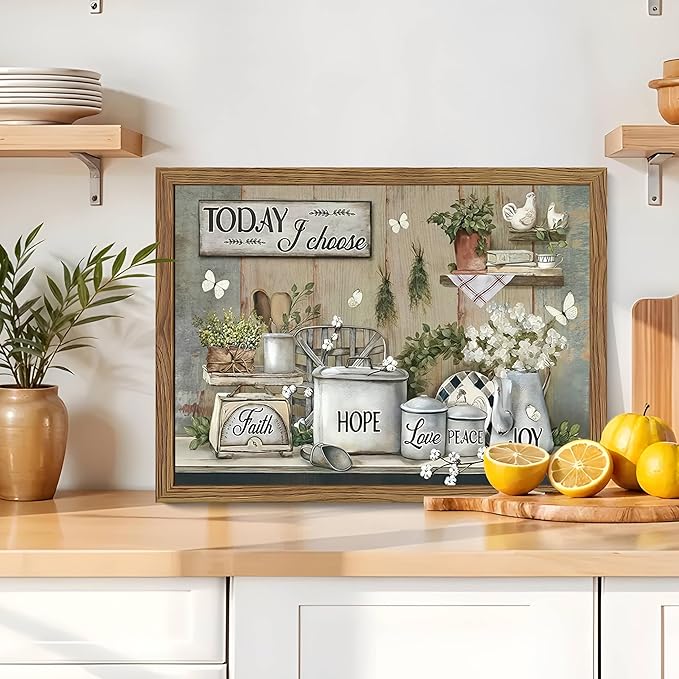 Rustic Kitchen Wall Art, Farmhouse Inspirational Canvas Wall Decor Paintings, Kitchen Flower Butterfly Posters Prints Pictures Artwork for Bathroom Dining Room Bedroom 16x24 Inch Wood Framed
