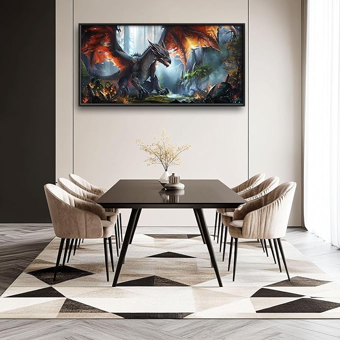 Dragon Large Framed Wall Art Oversized Western Fire Dragon Pictures Wall Decor Cool Animal Canvas Print Painting Aesthetic Modern Artwork for Living Room Bedroom Office Bathroom Home Decor 60L x30W