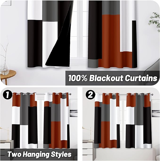 Burnt Orange 100% Blackout Curtains for Bedroom 45 inch Length 2 Panels Set Grey Modern Abstract Geometric Fall Black Out Curtains Insulated Room Darkening Window Drapes for Living Room, 52Wx45L
