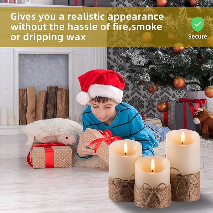 Flameless Candles Battery Operated Pillar Real Wax Electric LED Candle Gift Set with Remote Control and Timer, 4" 5" 6" Pack of 3 (Ivory Wax with Hemp Rope)