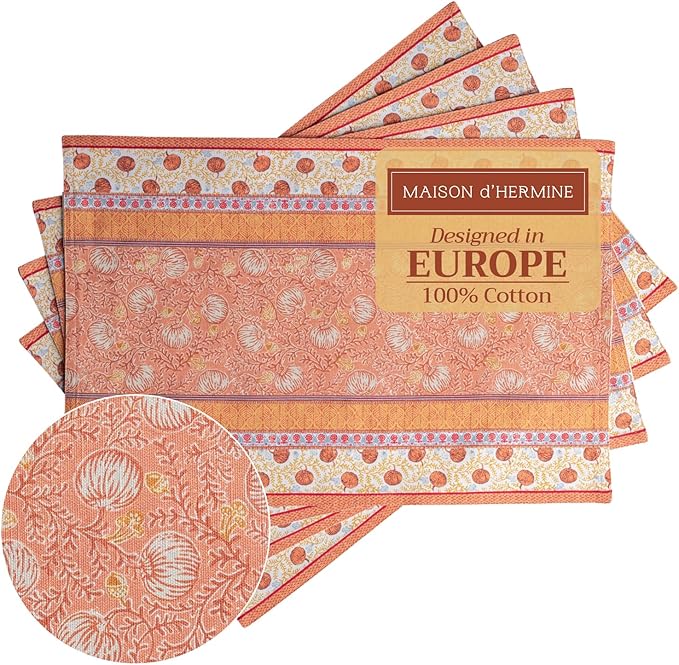 Maison d' Hermine Placemats Set of 4 100% Cotton Washable Cloth Place Mats, Reusable Table Mats for Kitchen Dining Decoration, Party, Wedding, Restaurant (Harvest Festival, 13" x 19")