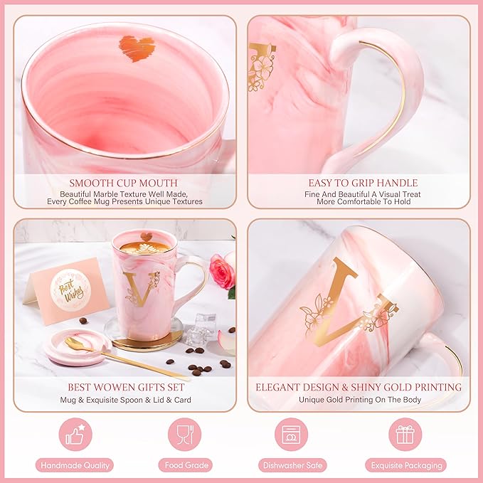 Coffee Mugs - Birthday Gifts for Women, Personalized Initial Customized Mug Tea Cup with Lid 14 Oz Pink, Spoon Greeting Card, Luxury Gift-Boxed Christmas Gift for Her Wife Mom Grandma Friend Unique,V