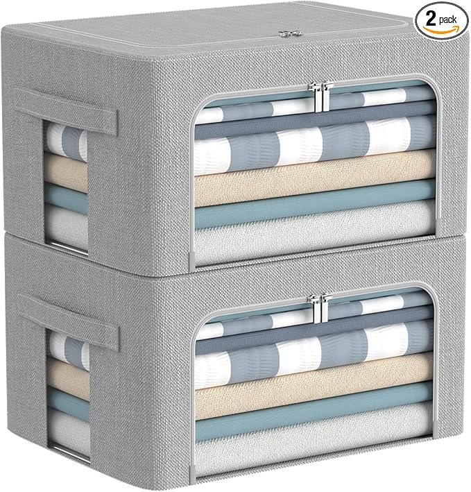 Clothes Storage Bins Box - Foldable Stackable Container Organizer Set with Clear Window & Carry Handles & Metal Frame - 2Pack Large Capacity for Bedding, Blankets, Books