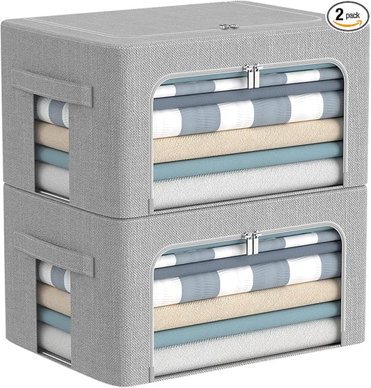 Clothes Storage Bins Box - Foldable Stackable Container Organizer Set with Clear Window & Carry Handles & Metal Frame - 2Pack Large Capacity for Bedding, Blankets, Books