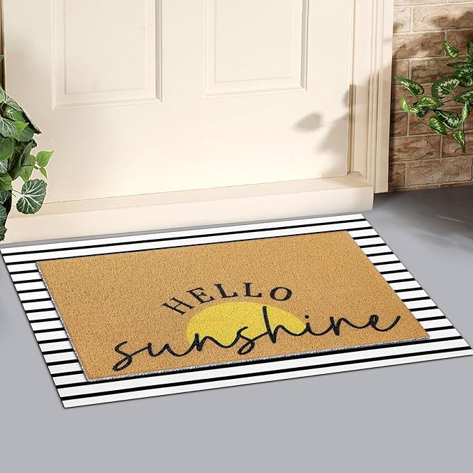 2 Pcs Door Mat Yellow Welcome Non Slip Coir Mats Stripe Floor Layering Doormats Seasonal for Front Porch Entryway Decor(Sunshine)