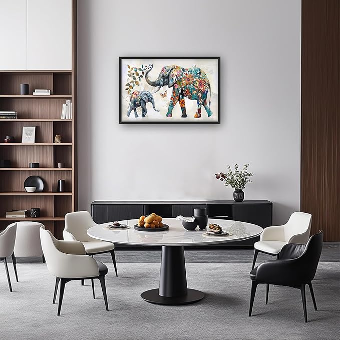 Abstract Elephant Large Framed Wall Art Floral Elephants Pictures Oversized Wall Decor Flower Leaf Butterfly Canvas Print Painting Aesthetic Modern Artwork for Living Room Bedroom Office Bathroom Home Decor 36L"x24W"